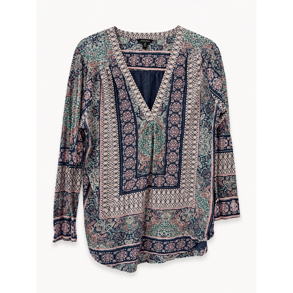 Lucky Brand Paisley Boho Tunic Top L V-Neck Cotton Linen Blend Blue Pink